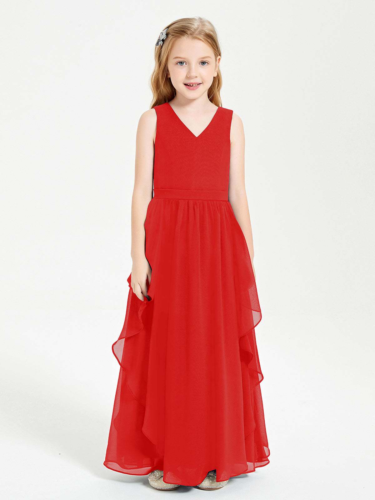 Boho Sleeveless Junior Chiffon Bridesmaids Gown Red